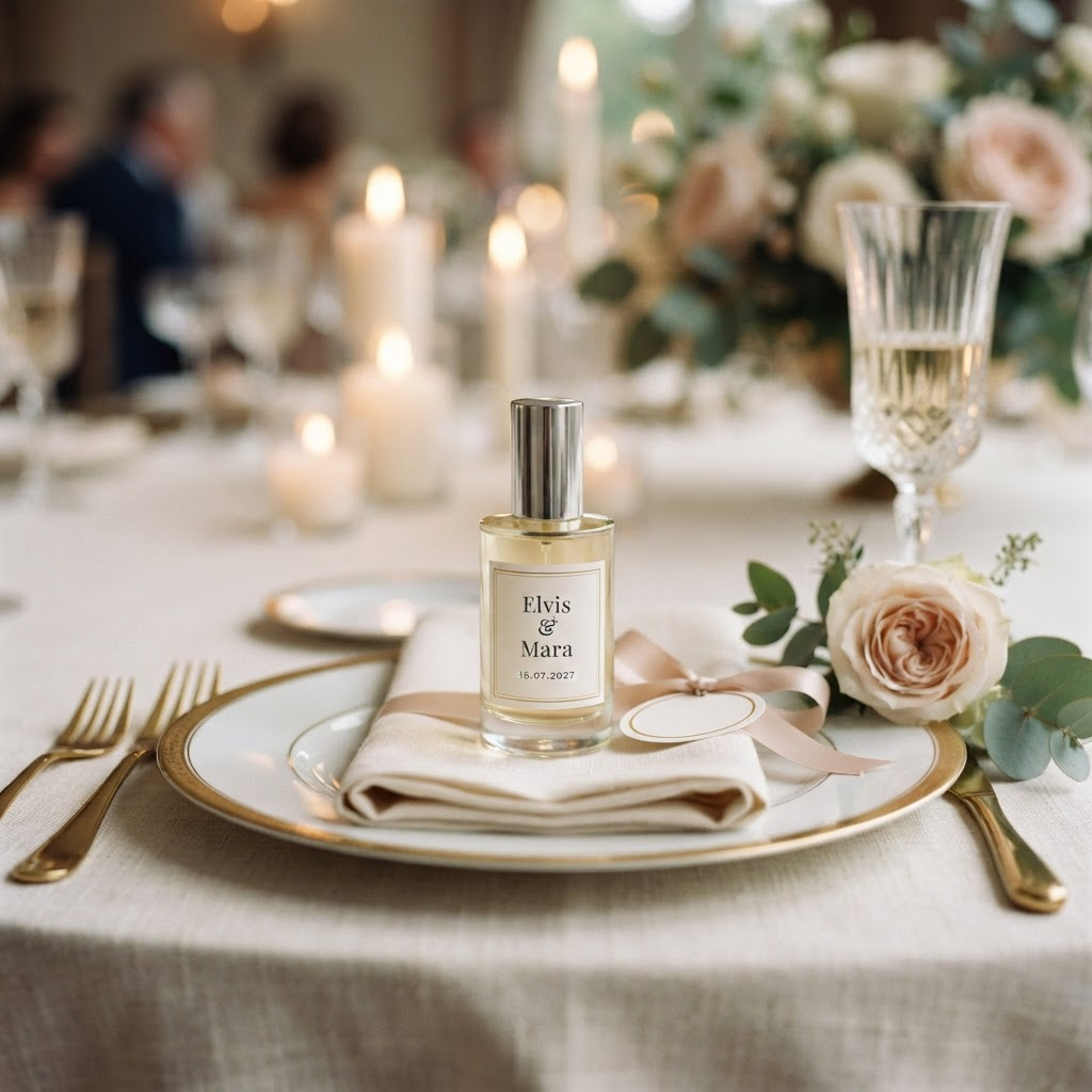 Personalisiertes Mini-Parfum als Gastgeschenk auf einem Hochzeitsgedeck mit Platzkarte und Schleife
