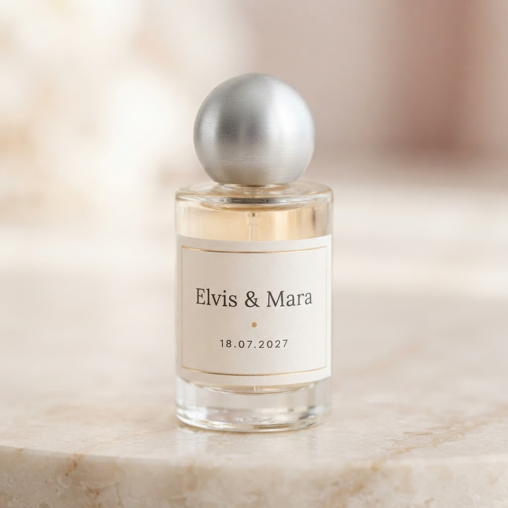 Nahaufnahme eines personalisierten Mini-Parfum-Etiketts mit den Namen des Brautpaares und dem Hochzeitsdatum in Goldoptik