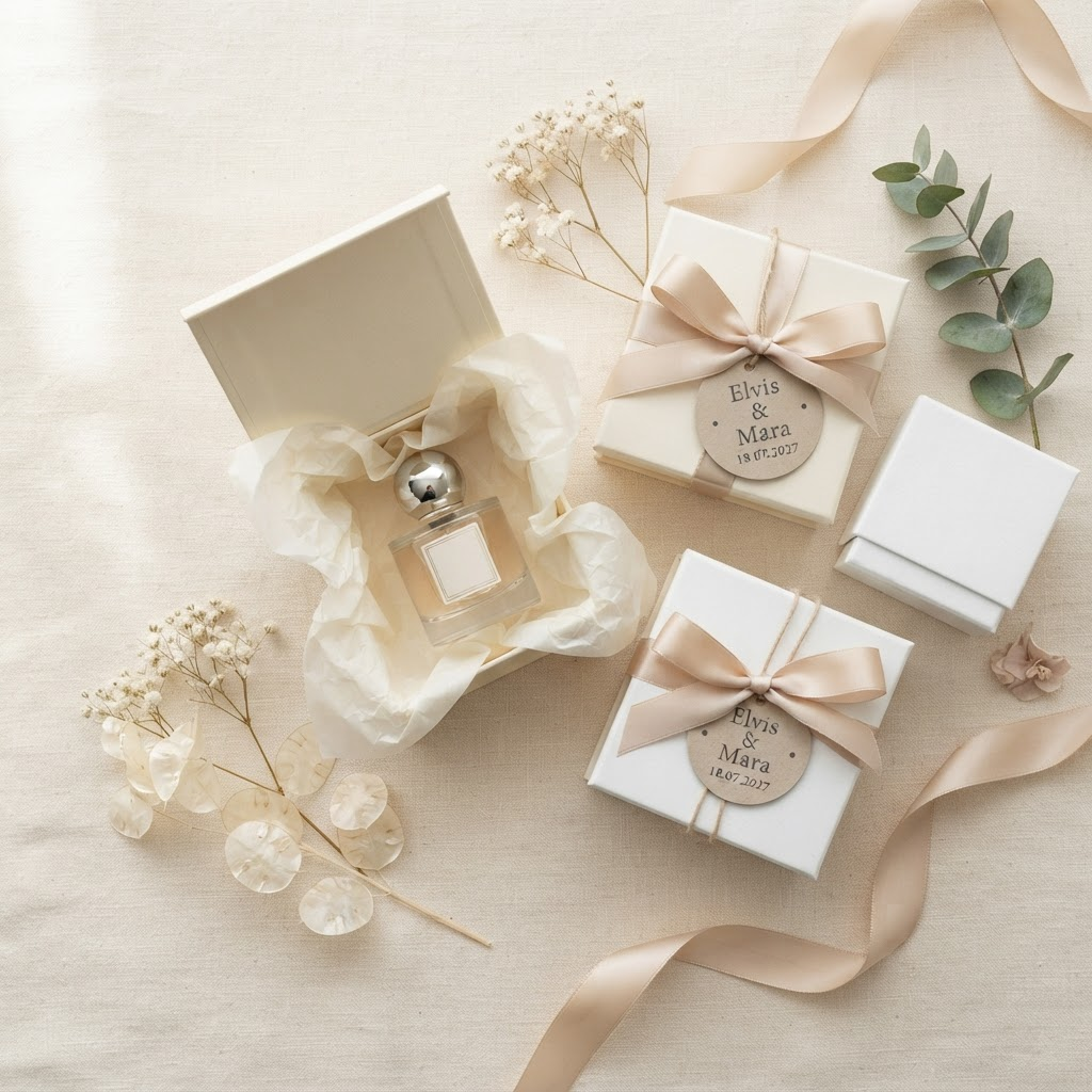 Personalisierte Parfum-Gastgeschenke für die Hochzeit mit Geschenkverpackung, Satinband und Namensanhänger